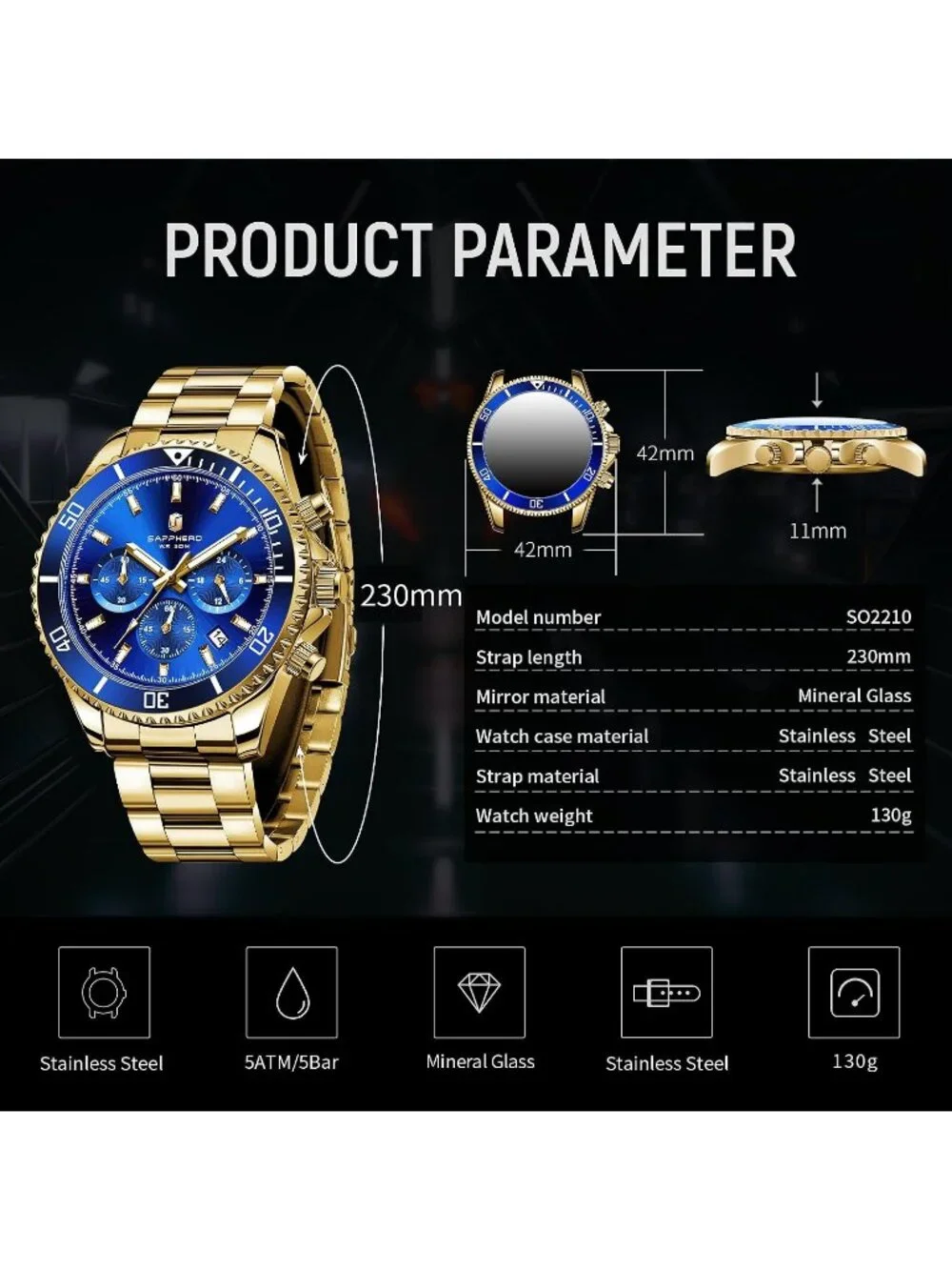 Men's Gold Strap Blue Face Chronograph Stainless Steel Waterproof Wrist Watch